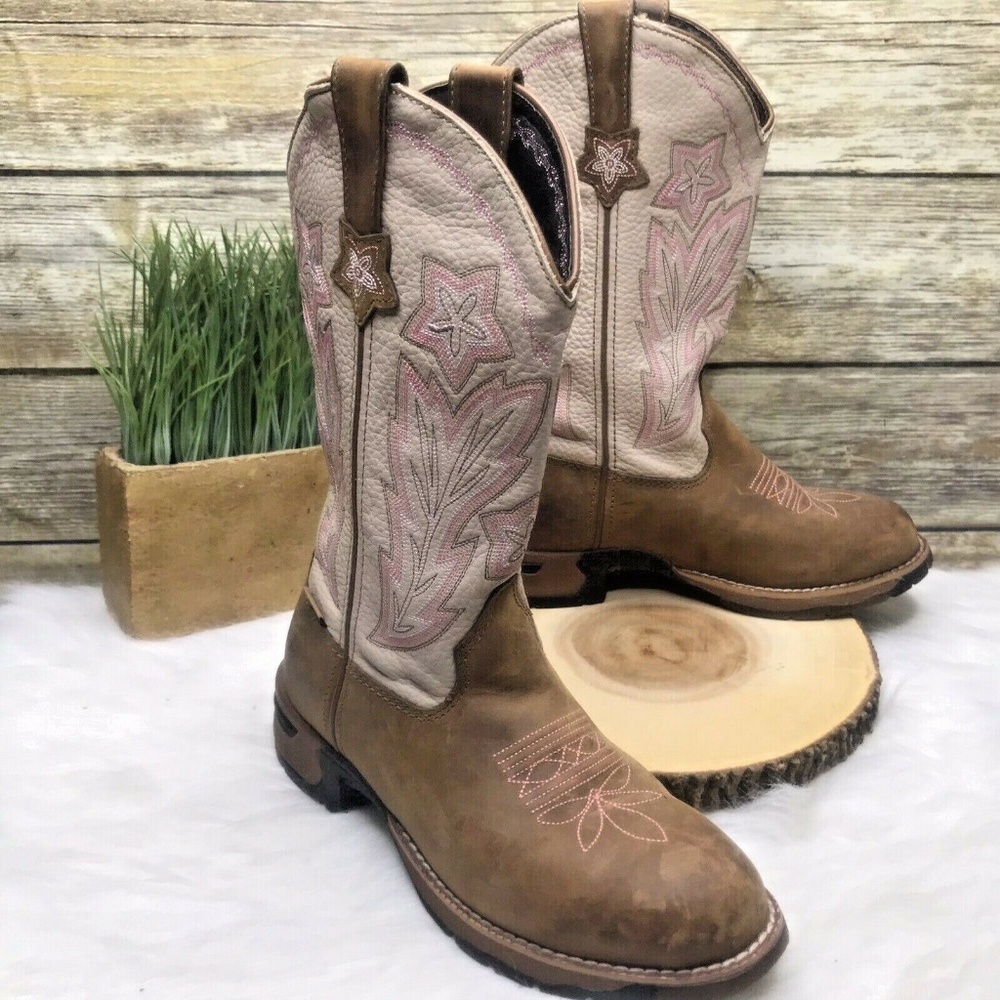 Rocky Ride 08 Beige Brown Leather Western Roper Riding Mid Calf Cowboy Boots 6 M